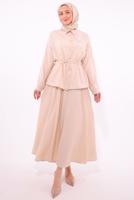 Tesettür giyim BEJ BROŞLU ETEKLİ TAKIM T 9274	