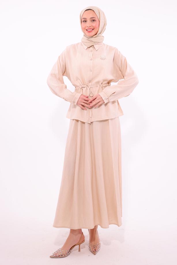 Tesettür giyim BEJ BROŞLU ETEKLİ TAKIM T 9274	 - TRENDTESETTÜR