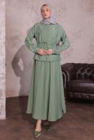 Tesettür giyim YEŞİL BROŞLU ETEKLİ TAKIM T 9274	