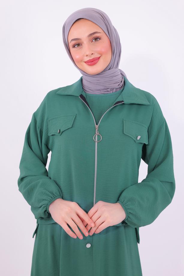 Tesettür giyim YEŞİL CEKETLİ ELBİSELİ TAKIM T 2484 - TRENDTESETTÜR