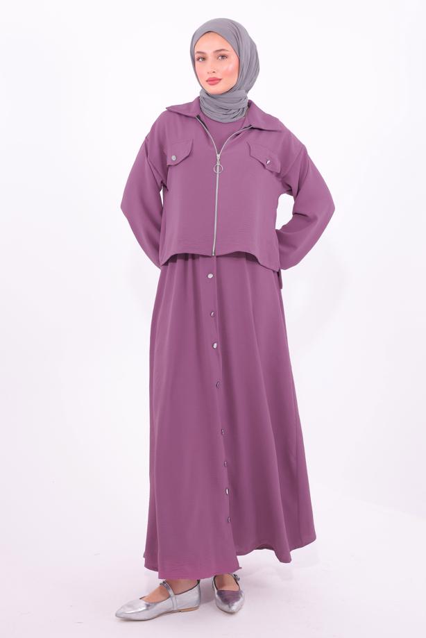 Tesettür giyim MOR CEKETLİ ELBİSELİ TAKIM T 2484 - TRENDTESETTÜR