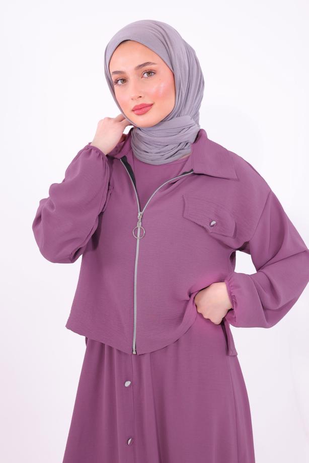 Tesettür giyim MOR CEKETLİ ELBİSELİ TAKIM T 2484 - TRENDTESETTÜR
