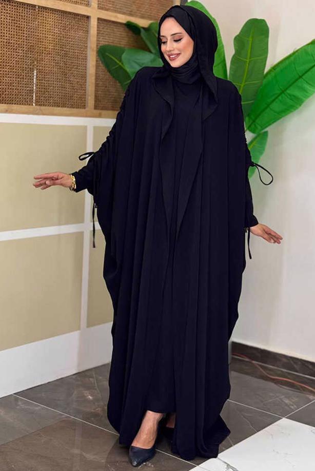 Tesettür giyim SİYAH ELBİSELİ ABAYA TAKIM T 31007 - TRENDTESETTÜR