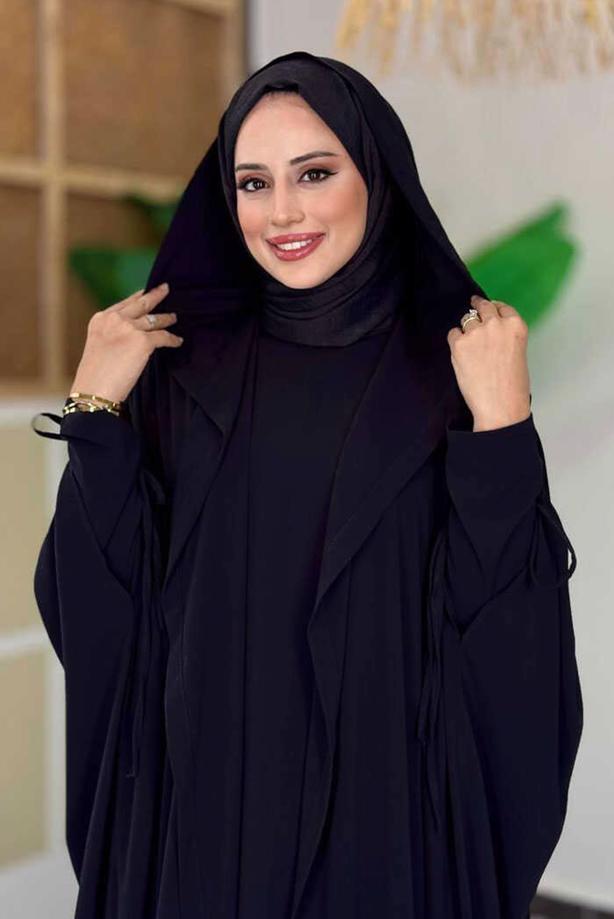 Tesettür giyim SİYAH ELBİSELİ ABAYA TAKIM T 31007 - TRENDTESETTÜR