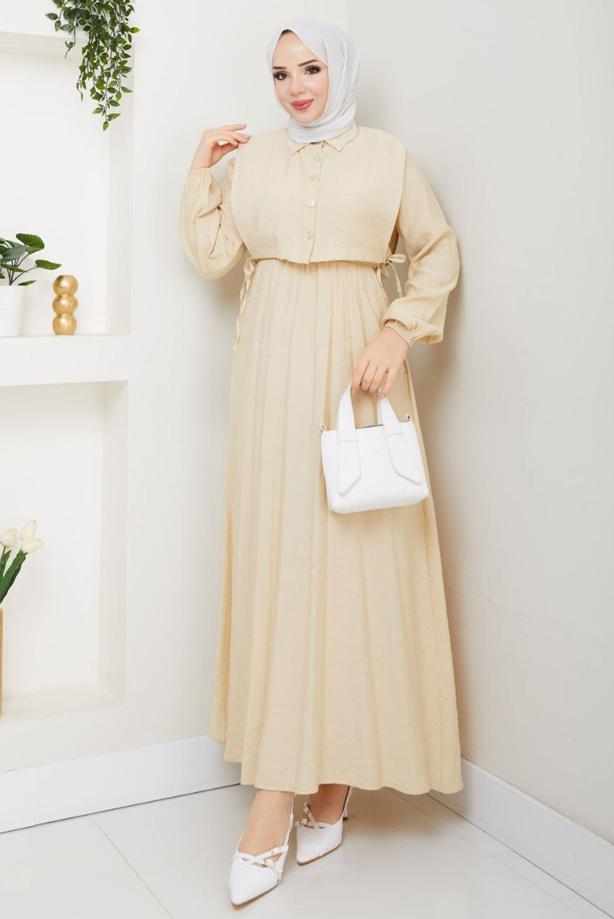 Tesettür giyim BEJ YELEKLİ ELBİSELİ TAKIM T 5374 - TRENDTESETTÜR