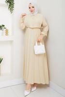 Tesettür giyim BEJ YELEKLİ ELBİSELİ TAKIM T 5374