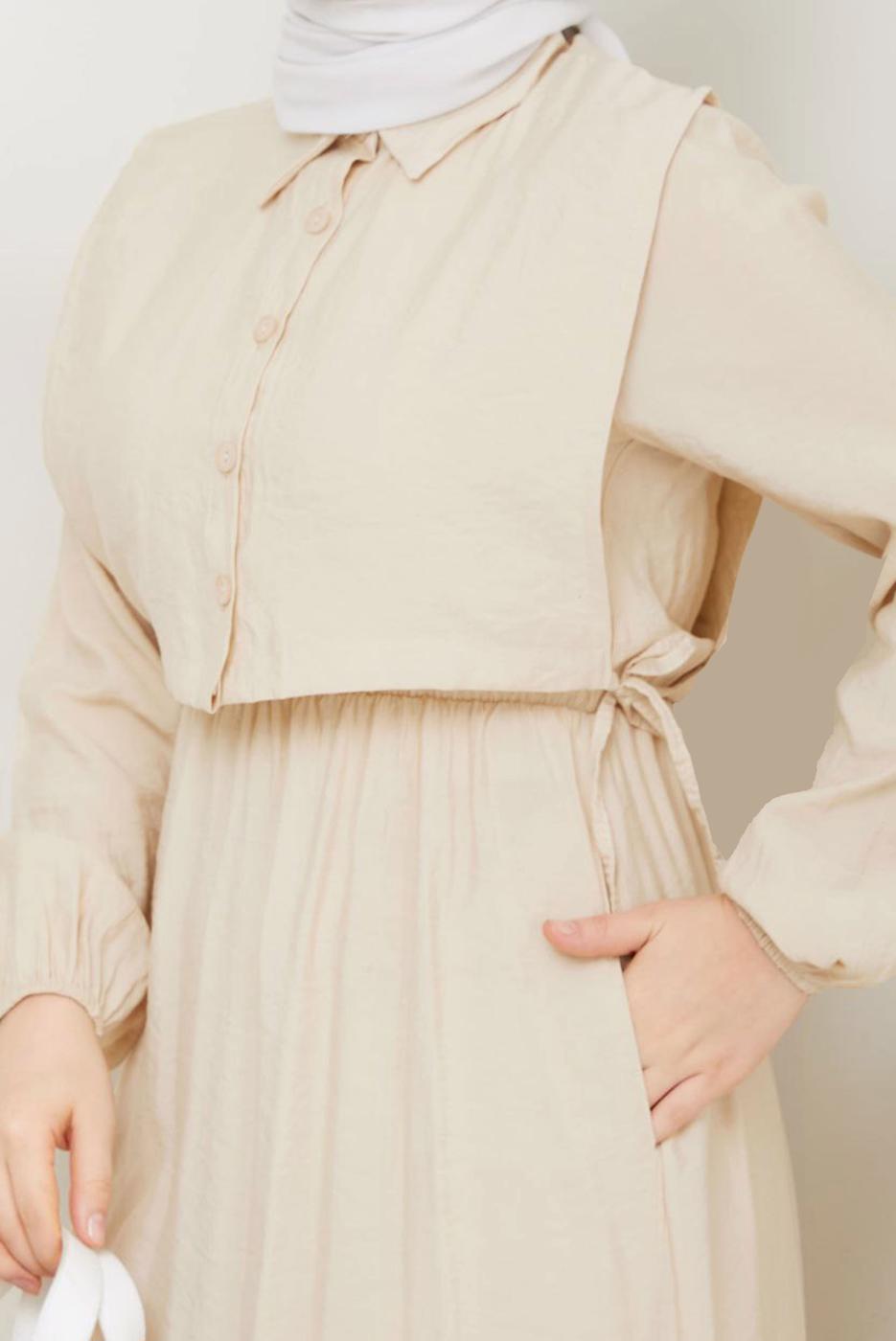 Tesettür giyim BEJ YELEKLİ ELBİSELİ TAKIM T 5374