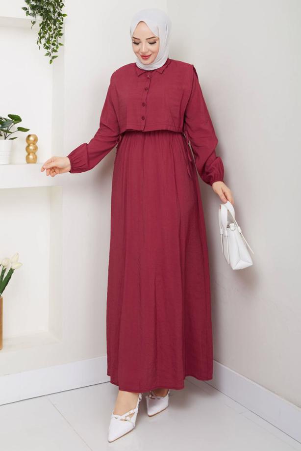 Tesettür giyim BORDO YELEKLİ ELBİSELİ TAKIM T 5374 - TRENDTESETTÜR