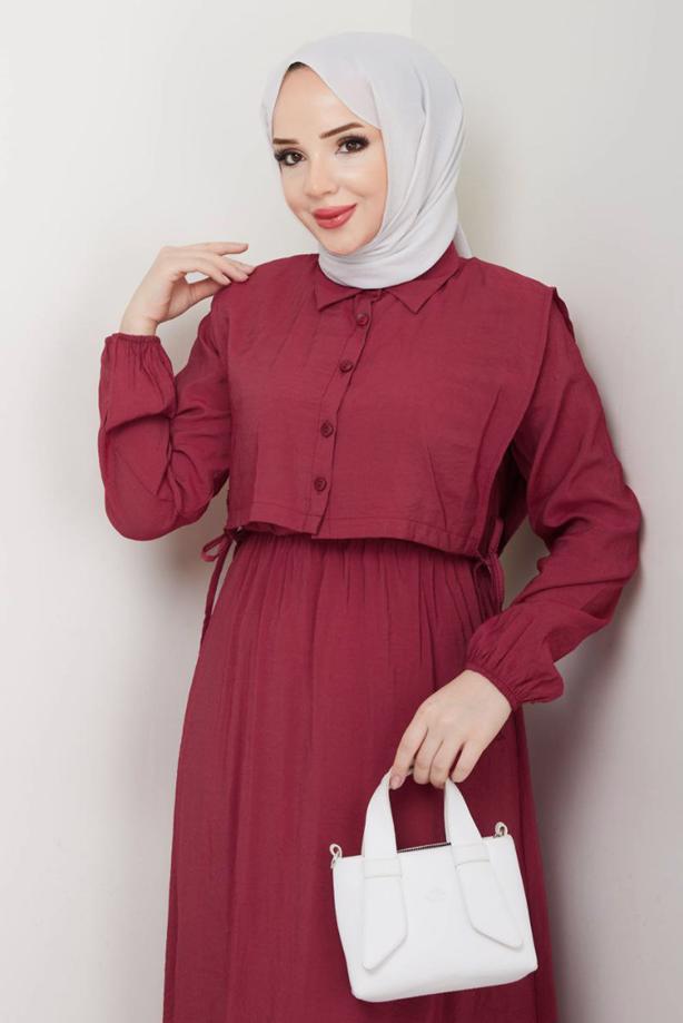 Tesettür giyim BORDO YELEKLİ ELBİSELİ TAKIM T 5374 - TRENDTESETTÜR