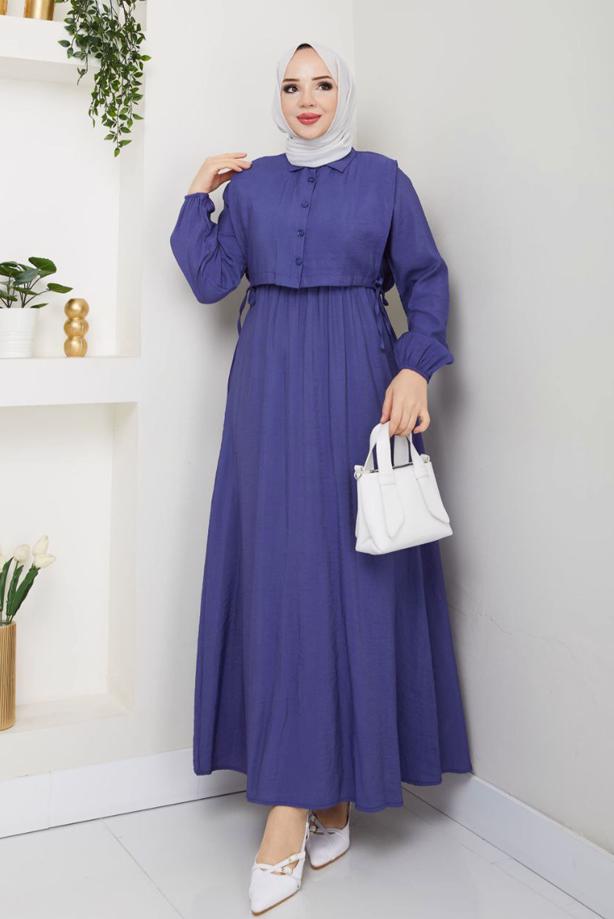 Tesettür giyim LACİVERT YELEKLİ ELBİSELİ TAKIM T 5374 - TRENDTESETTÜR