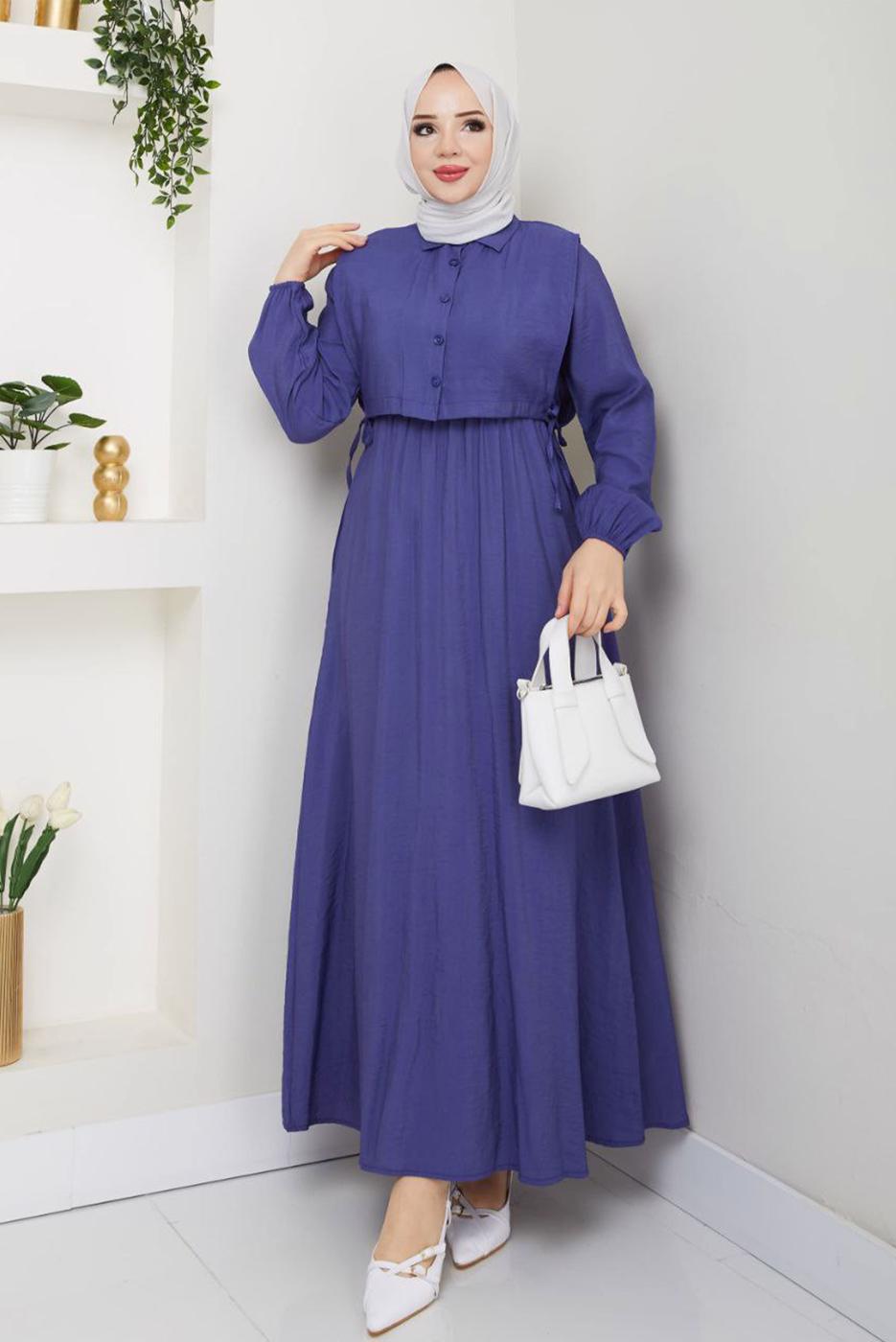 Tesettür giyim LACİVERT YELEKLİ ELBİSELİ TAKIM T 5374