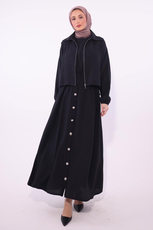Tesettür giyim SİYAH CEKETLİ ELBİSELİ TAKIM T 7084  - TRENDTESETTÜR