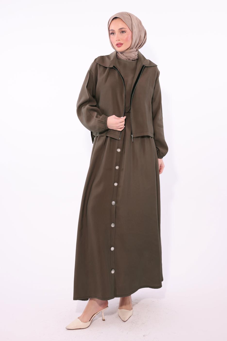 Tesettür giyim KAHVE CEKETLİ ELBİSELİ TAKIM T 7084 