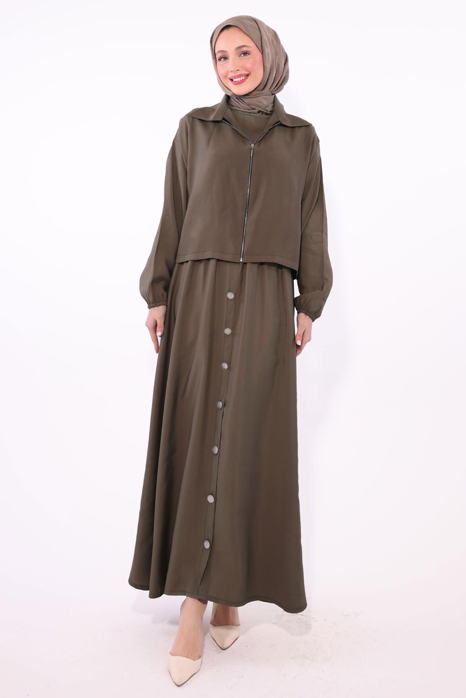 Tesettür giyim KAHVE CEKETLİ ELBİSELİ TAKIM T 7084 