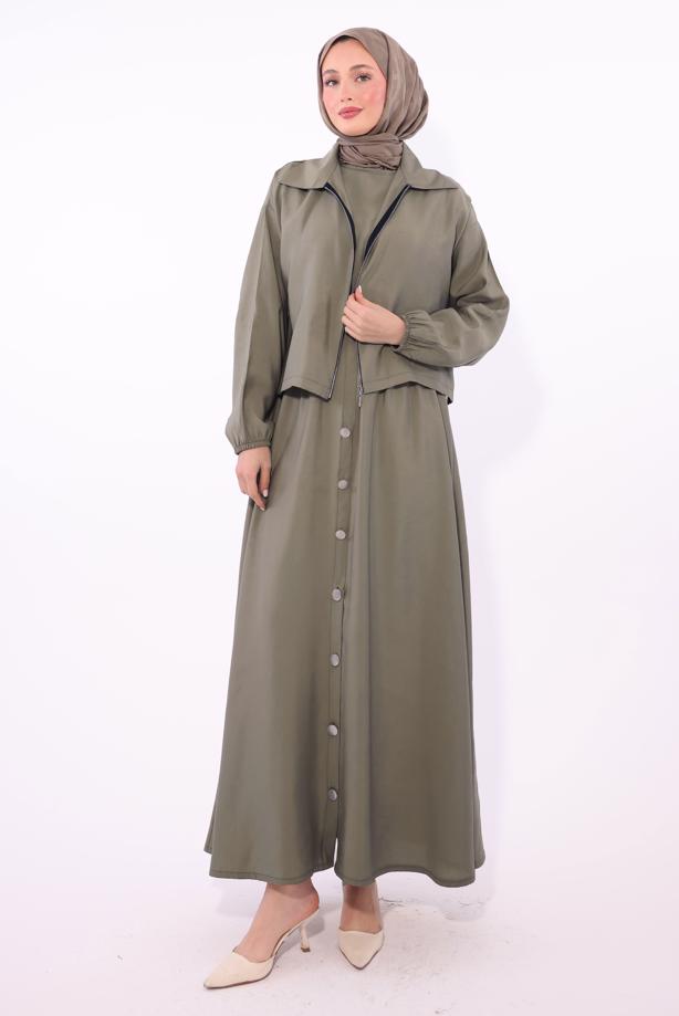 Tesettür giyim VİZON CEKETLİ ELBİSELİ TAKIM T 7084  - TRENDTESETTÜR
