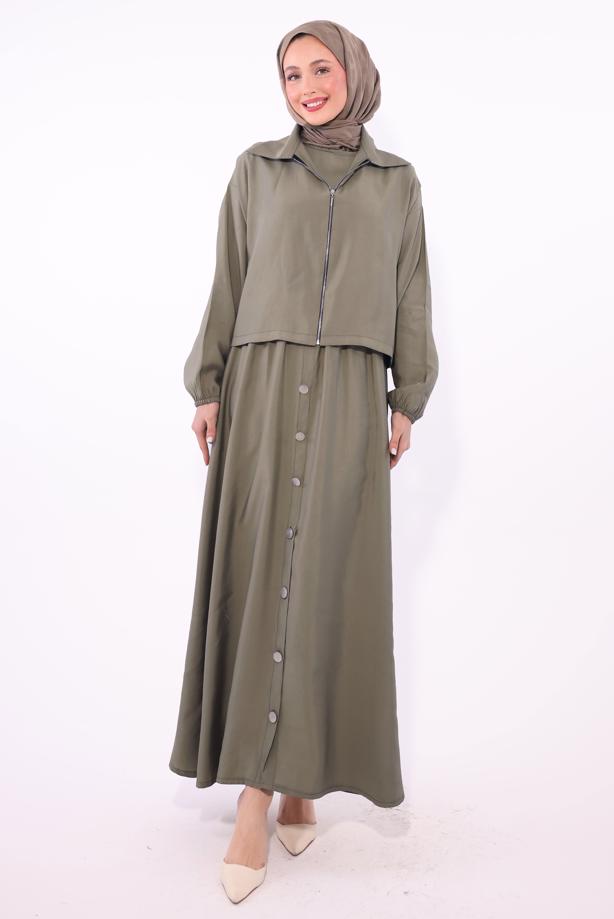 Tesettür giyim VİZON CEKETLİ ELBİSELİ TAKIM T 7084  - TRENDTESETTÜR