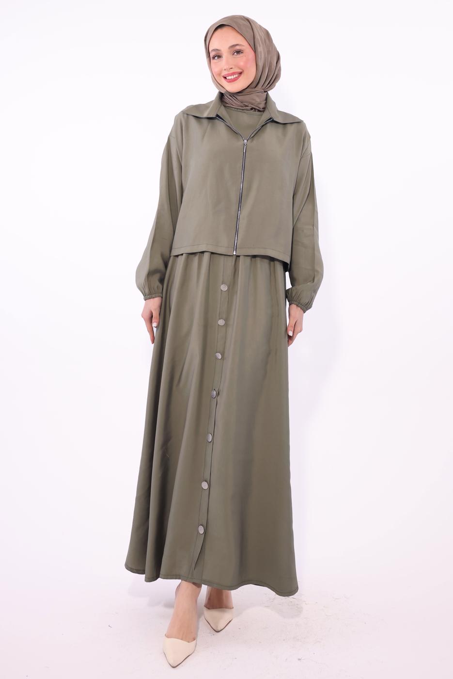Tesettür giyim VİZON CEKETLİ ELBİSELİ TAKIM T 7084 