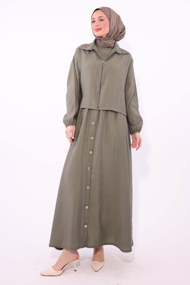 Tesettür giyim VİZON CEKETLİ ELBİSELİ TAKIM T 7084  - TRENDTESETTÜR