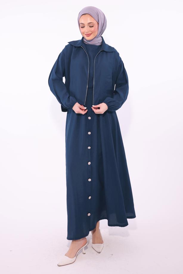 Tesettür giyim LACİVERT CEKETLİ ELBİSELİ TAKIM T 7084  - TRENDTESETTÜR