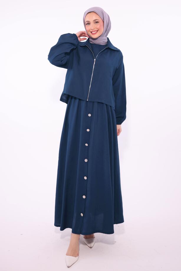 Tesettür giyim LACİVERT CEKETLİ ELBİSELİ TAKIM T 7084  - TRENDTESETTÜR