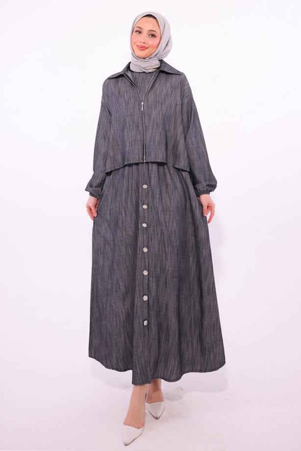 Tesettür giyim SİYAH CEKETLİ ELBİSELİ TAKIM T 7384 - TRENDTESETTÜR