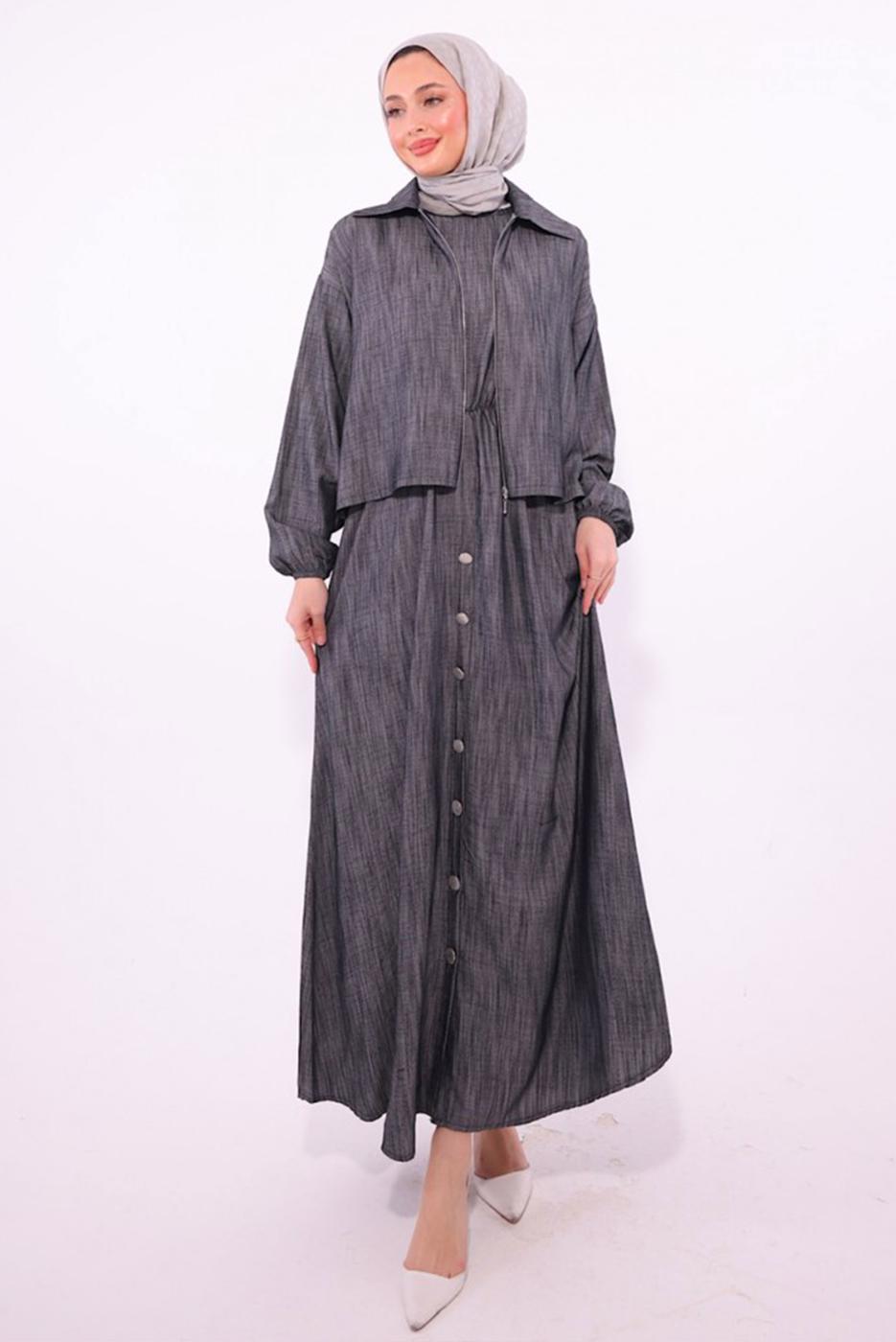 Tesettür giyim SİYAH CEKETLİ ELBİSELİ TAKIM T 7384