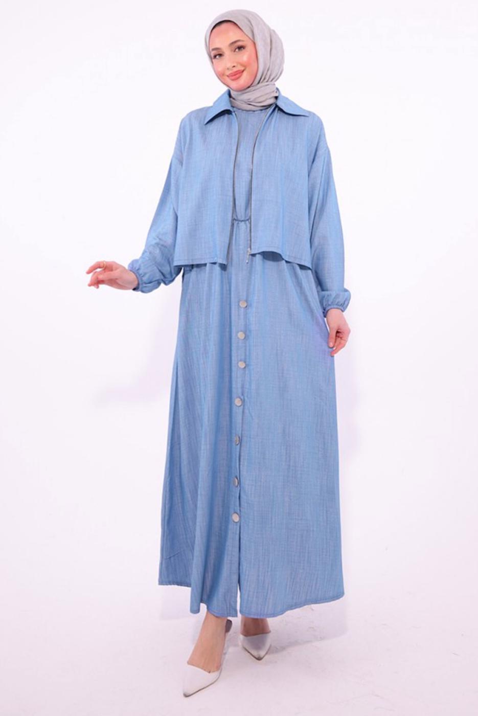 Tesettür giyim MAVİ CEKETLİ ELBİSELİ TAKIM T 7384