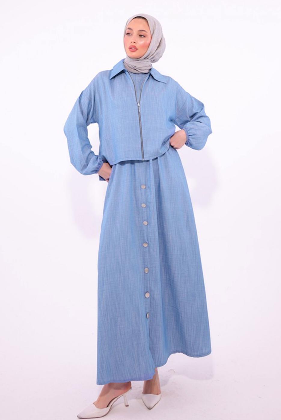 Tesettür giyim MAVİ CEKETLİ ELBİSELİ TAKIM T 7384