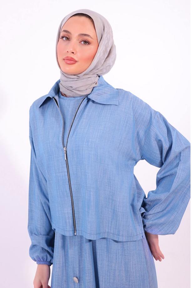 Tesettür giyim MAVİ CEKETLİ ELBİSELİ TAKIM T 7384 - TRENDTESETTÜR