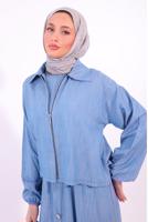 Tesettür giyim MAVİ CEKETLİ ELBİSELİ TAKIM T 7384