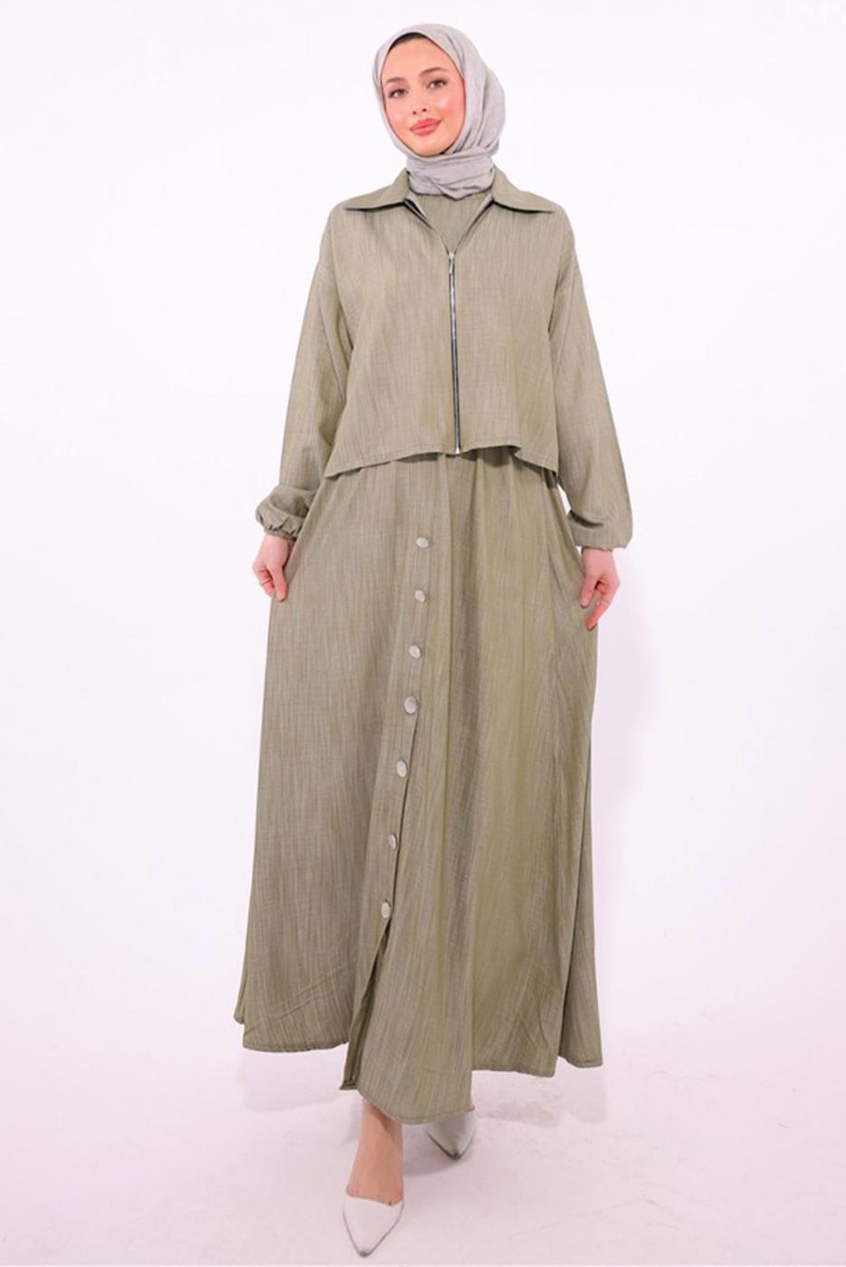 Tesettür giyim HAKİ CEKETLİ ELBİSELİ TAKIM T 7384