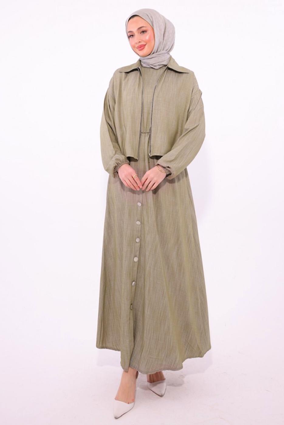 Tesettür giyim HAKİ CEKETLİ ELBİSELİ TAKIM T 7384