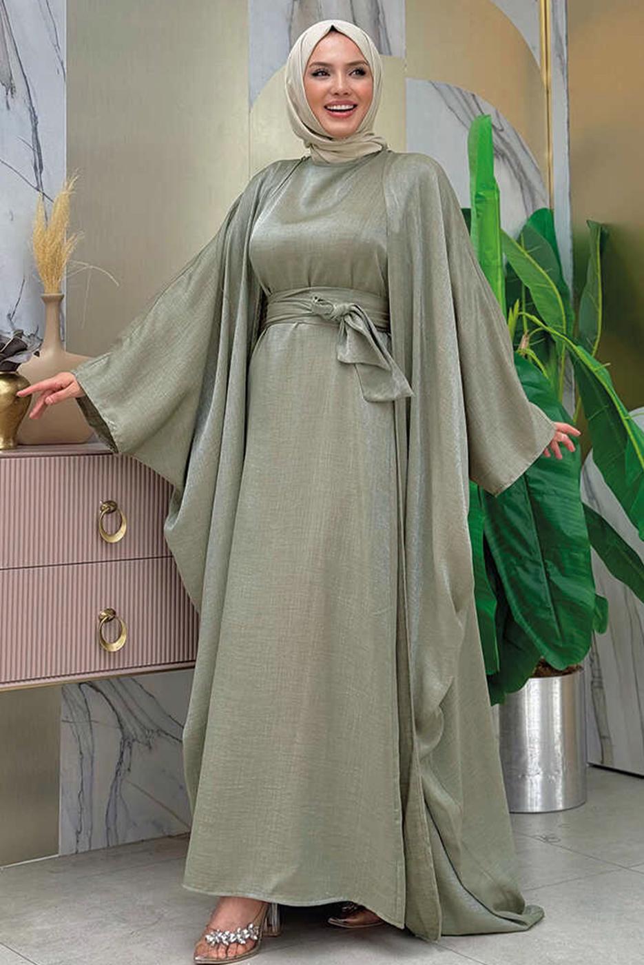 Tesettür giyim HAKİ ABAYALI ELBİSELİ TAKIM T 7948