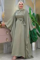 Tesettür giyim HAKİ ABAYALI ELBİSELİ TAKIM T 7948