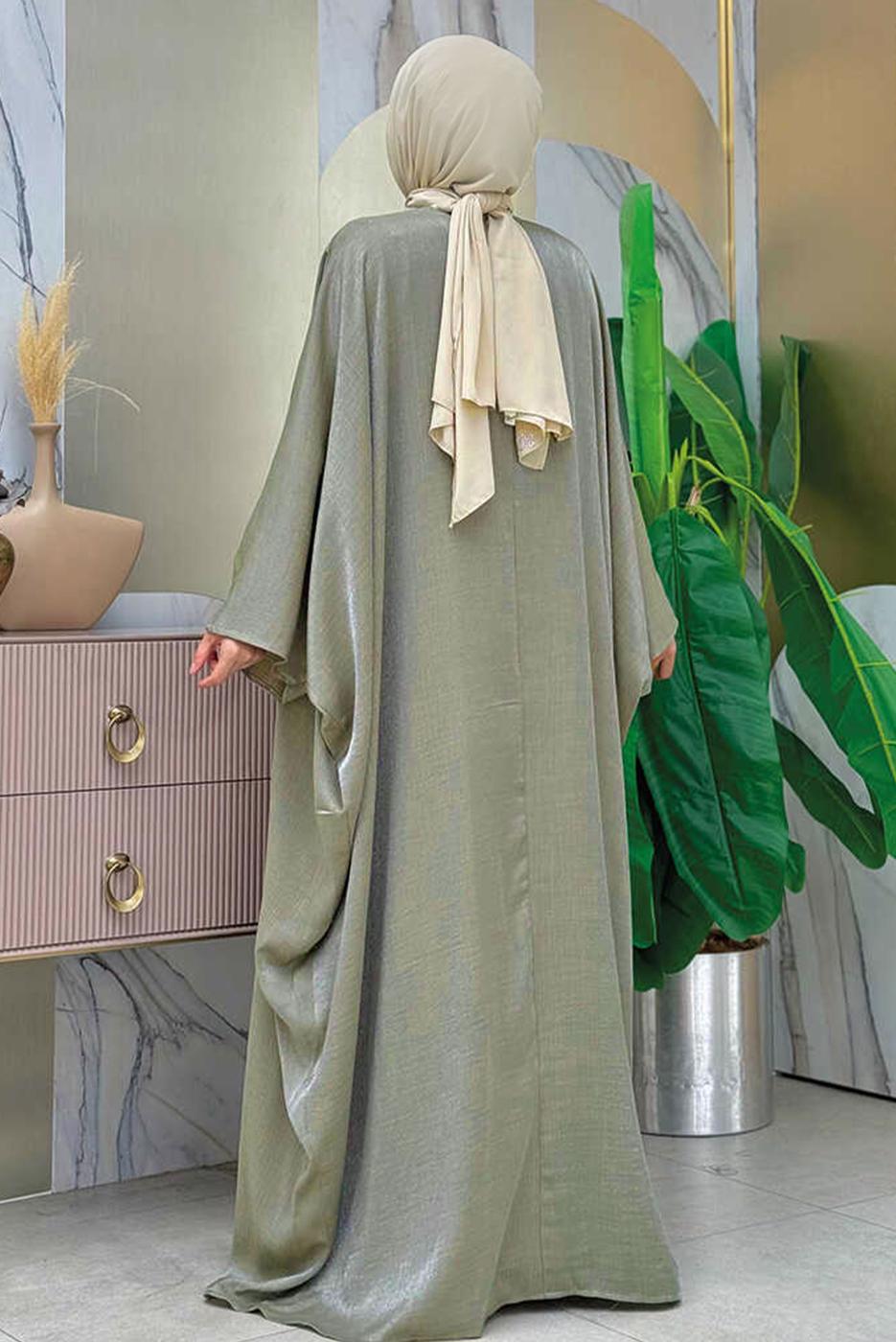 Tesettür giyim HAKİ ABAYALI ELBİSELİ TAKIM T 7948