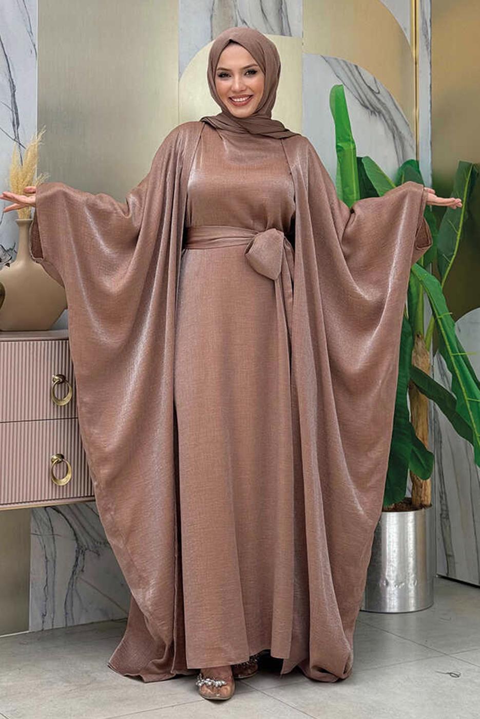 Tesettür giyim VİZON ABAYALI ELBİSELİ TAKIM T 7948