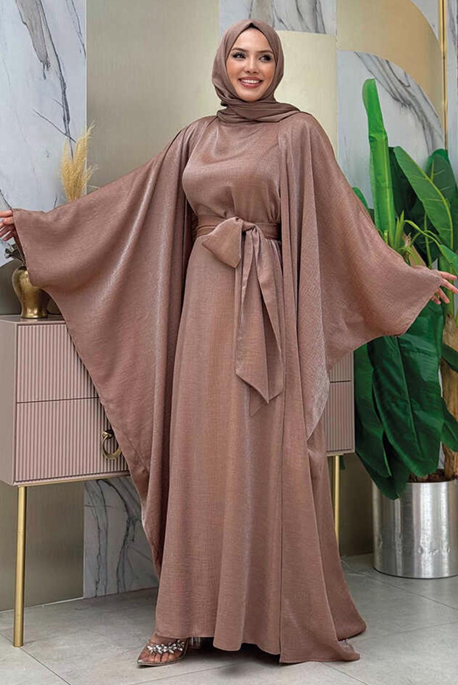Tesettür giyim VİZON ABAYALI ELBİSELİ TAKIM T 7948