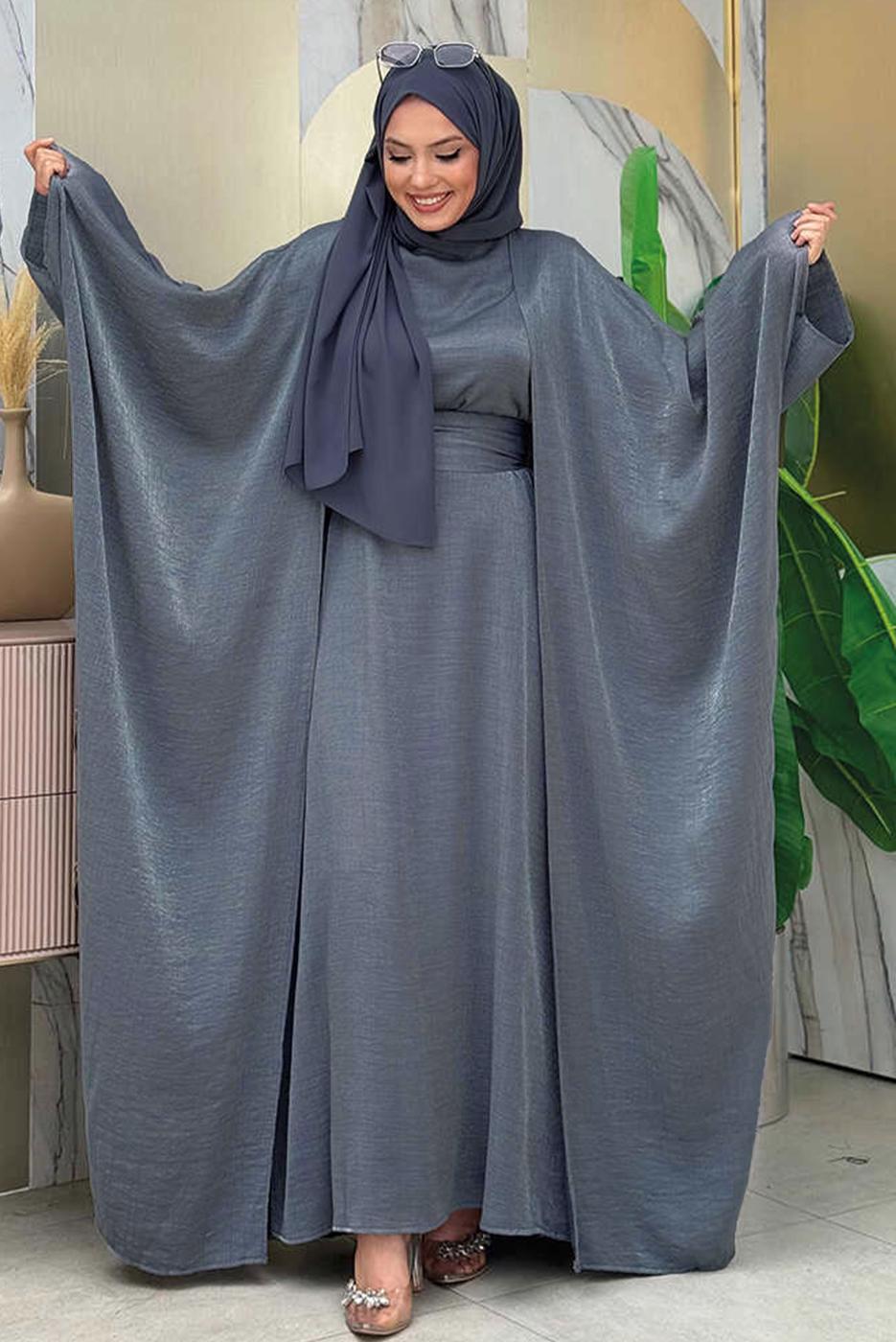 Tesettür giyim GRİ ABAYALI ELBİSELİ TAKIM T 7948
