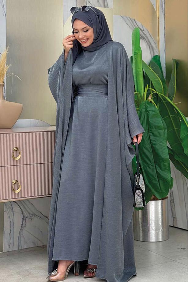Tesettür giyim GRİ ABAYALI ELBİSELİ TAKIM T 7948 - TRENDTESETTÜR