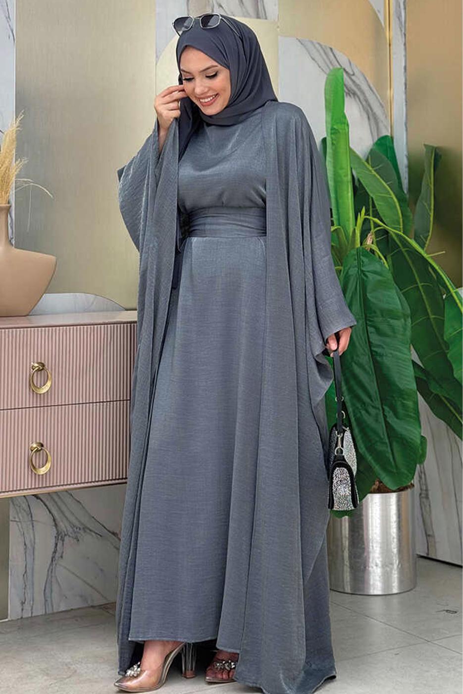 Tesettür giyim GRİ ABAYALI ELBİSELİ TAKIM T 7948