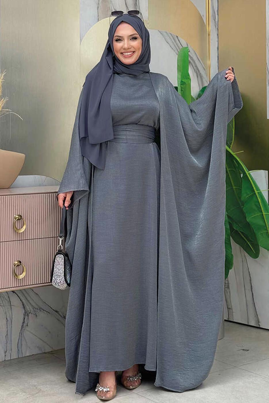 Tesettür giyim GRİ ABAYALI ELBİSELİ TAKIM T 7948
