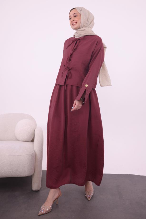Tesettür giyim BORDO CEKETLİ ELBİSELİ TAKIM T 9194 - TRENDTESETTÜR