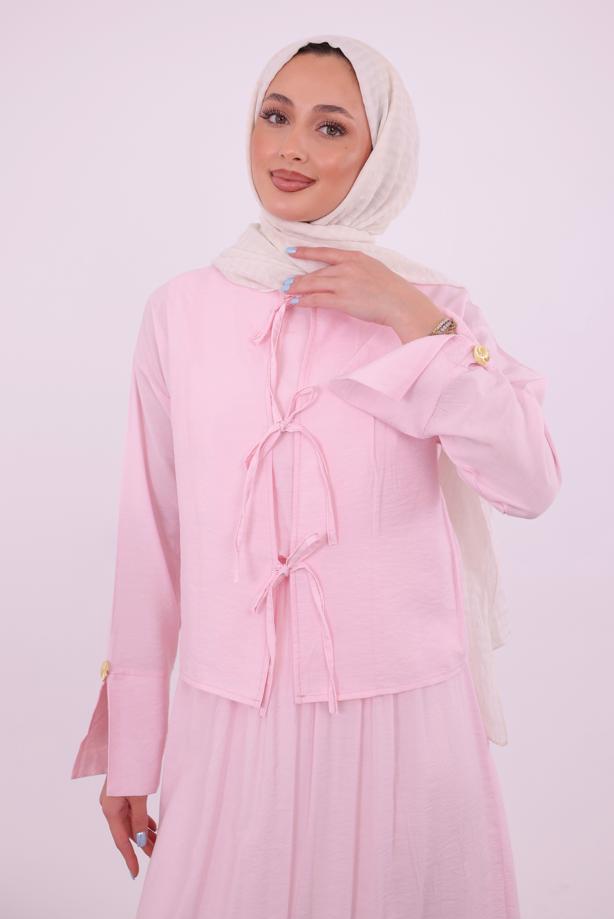 Tesettür giyim PEMBE CEKETLİ ELBİSELİ TAKIM T 9194 - TRENDTESETTÜR