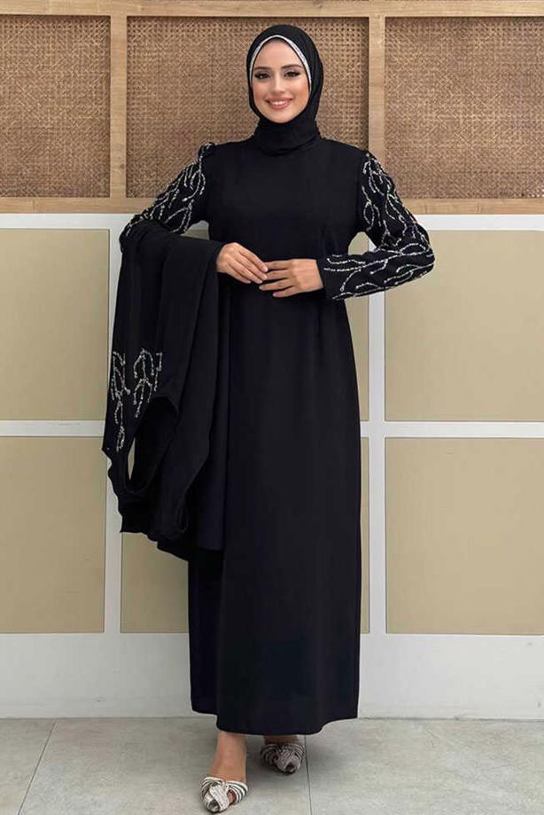 Tesettür giyim SİYAH YELEKLİ ELBİSELİ ABİYE TAKIM T 9293 - TRENDTESETTÜR