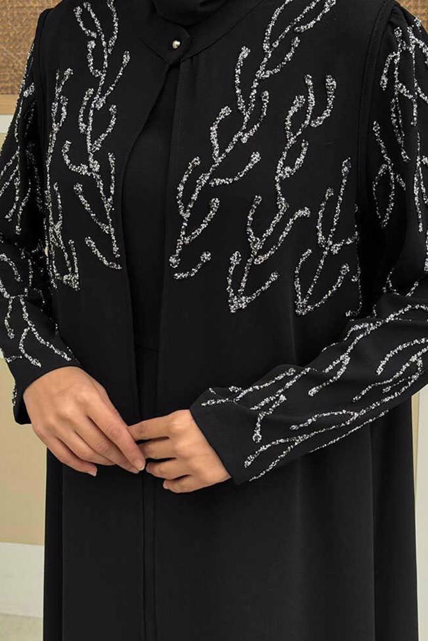 Tesettür giyim SİYAH YELEKLİ ELBİSELİ ABİYE TAKIM T 9293 - TRENDTESETTÜR