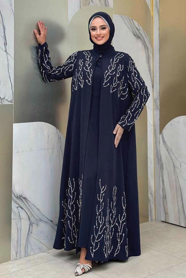 Tesettür giyim LACİVERT YELEKLİ ELBİSELİ ABİYE TAKIM T 9293 - TRENDTESETTÜR