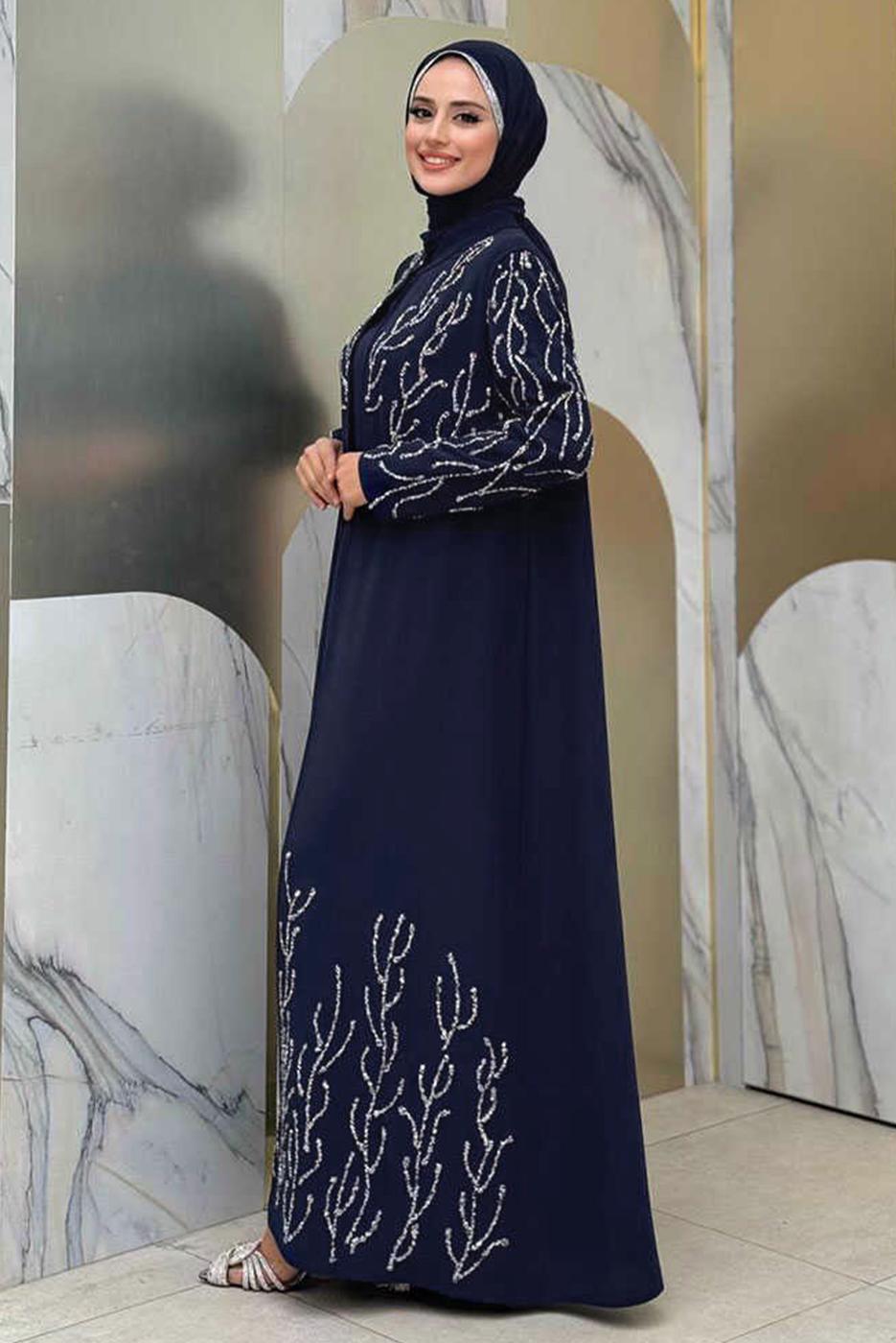 Tesettür giyim LACİVERT YELEKLİ ELBİSELİ ABİYE TAKIM T 9293