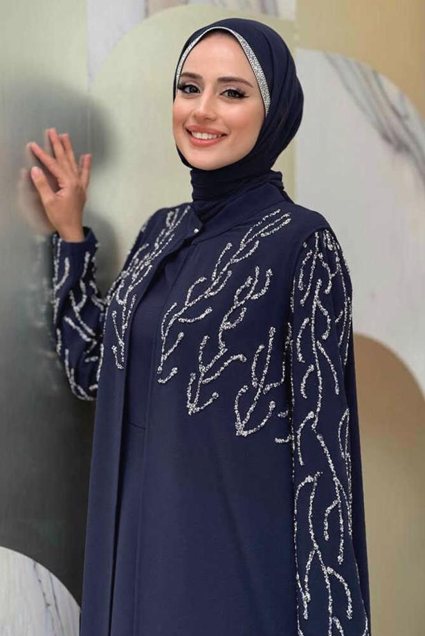 Tesettür giyim LACİVERT YELEKLİ ELBİSELİ ABİYE TAKIM T 9293 - TRENDTESETTÜR