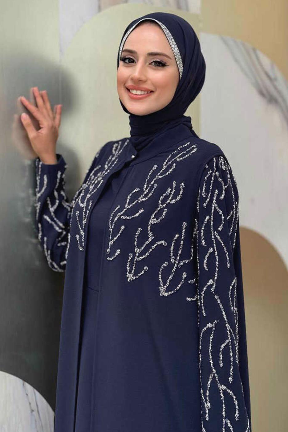 Tesettür giyim LACİVERT YELEKLİ ELBİSELİ ABİYE TAKIM T 9293