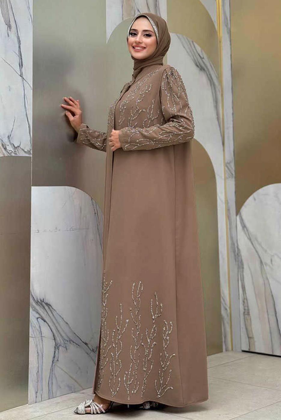 Tesettür giyim VİZON YELEKLİ ELBİSELİ ABİYE TAKIM T 9293